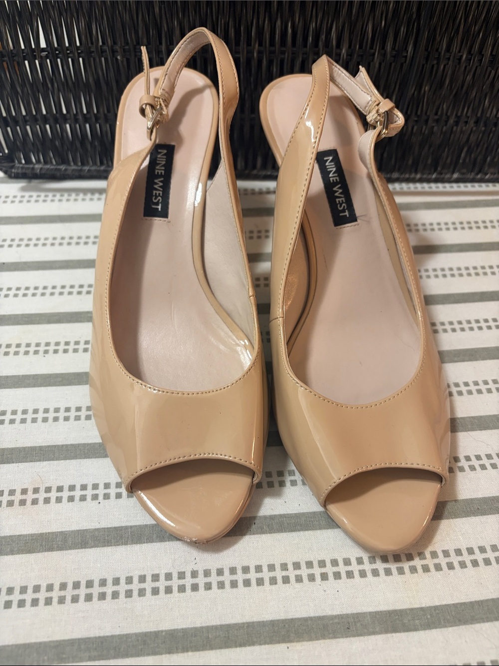 Nine West Nude Patent Peep-Toe Slingback Heels